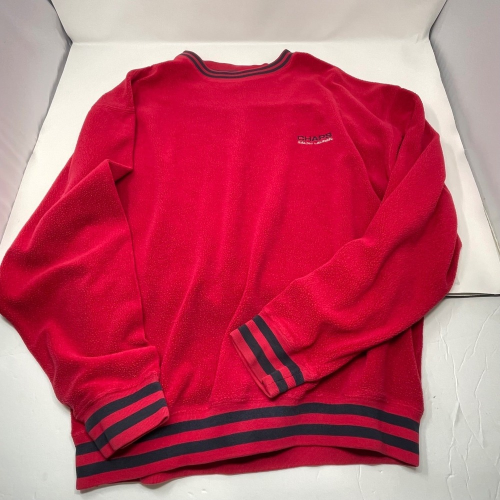 Vintage Chaps Ralph Lauren Fleece Sweatshirt Men Large Red Striped Trim Pullover